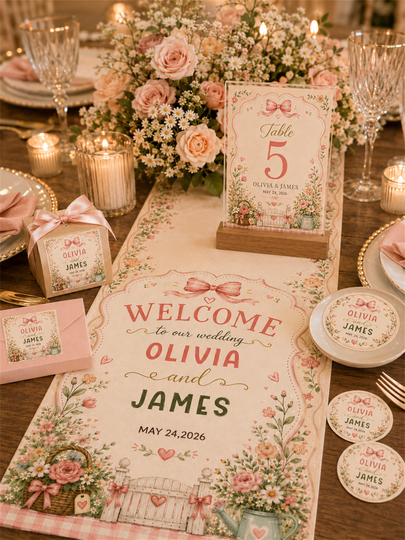 Romantic Garden Country Chic Theme - Watercolor Garden with bow Design - Custom name and date